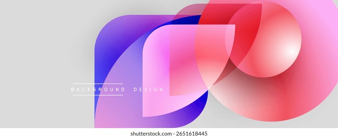 Abstract shapes overlap, creating vibrant color gradients. Modern design elements suggest fluidity, energy, innovation. Background is light gray.