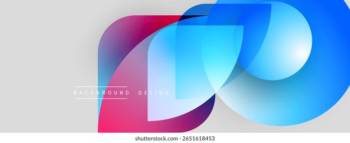 Abstract shapes overlap, creating vibrant color gradients. Pink, blue hues dominate design, simple text below. Modern, clean aesthetic.