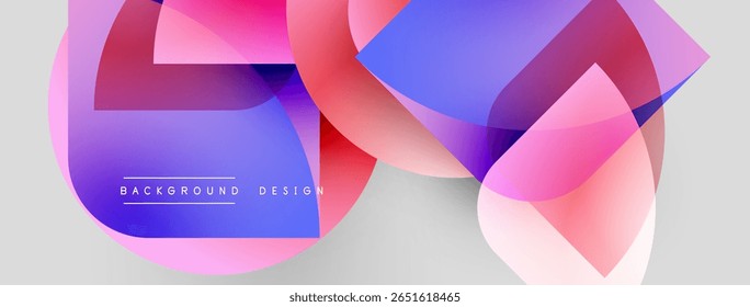 Abstract shapes overlap, creating vibrant gradients. Pink, blue hues dominate design. Minimal text present, background neutral.