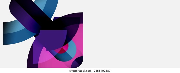 Abstract shapes overlap, creating vibrant pink, purple, blue composition. Modern design, clean lines, minimalist aesthetic.