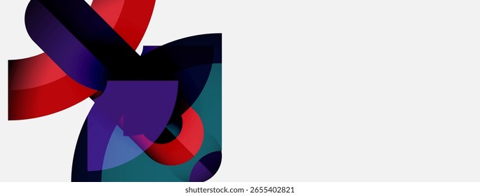 Abstrakte Formen überlappen sich und erzeugen lebendige Farbmischungen. Rot, violett, teal dominieren Zusammensetzung. Minimalistisches Design, moderne Ästhetik.