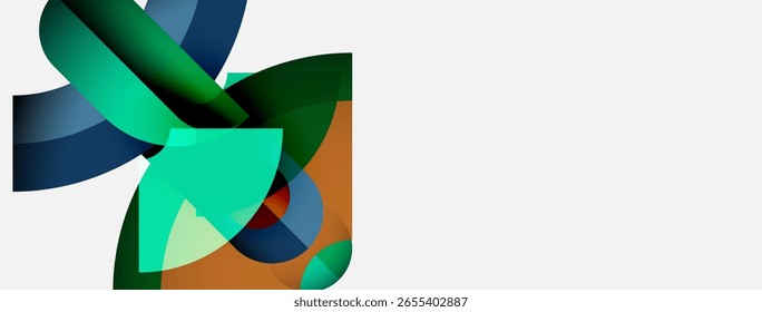 Abstract shapes overlap, creating vibrant color blends. Turquoise, green, navy, orange dominate composition. Minimalist design, modern aesthetic.