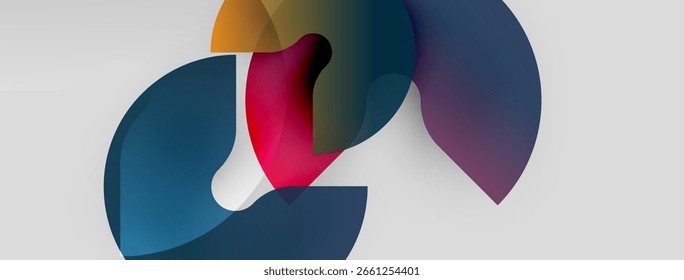 Formas abstratas se sobrepõem, criando misturas de cores vibrantes. Gradientes suaves sugerem movimento, profundidade, design estético moderno.