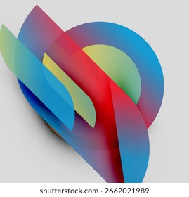 Abstract shapes overlap, creating vibrant color blends. Smooth gradients suggest depth, form dynamic composition.