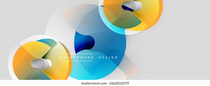 Abstrakte Formen überlappen sich und erzeugen leuchtend blaue, orangefarbene Farbverläufe. Minimalistisches Design mit hellgrauem Hintergrund. Moderne Komposition.