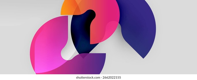 Abstract shapes overlap, creating vibrant color blends. Pink, purple, orange hues dominate white background. Modern design element.