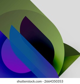 Las Formas Abstractas se superponen, creando Gradientes de colores vibrantes. Los tonos verdes, púrpuras y azules dominan la composición. Diseño minimalista.
