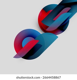 Abstrakte Formen überlappen sich und erzeugen lebendige Farbverläufe. Rote, blaue Farbtöne dominieren den neutralen Hintergrund. Moderne Gestaltungselemente sind vorhanden.