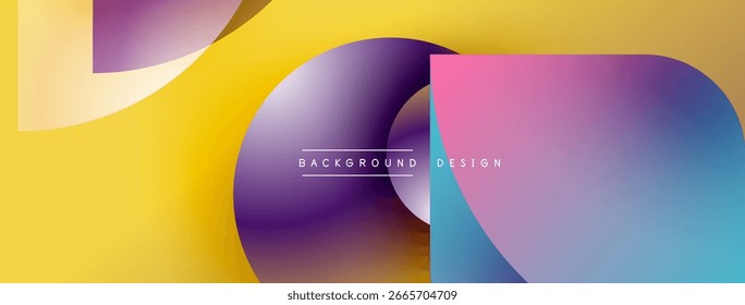Abstract shapes overlap, creating vibrant color gradients. Yellow, purple, pink hues blend smoothly. Modern design element.