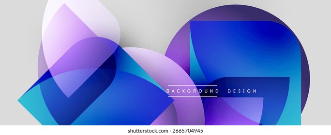 Abstract shapes overlap, creating vibrant blue, purple gradients. Modern design features clean lines, smooth transitions. Background suggests digital art.