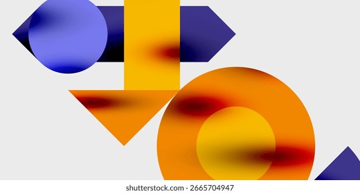 Abstract shapes overlap, creating vibrant color gradients. Composition features circles, rectangles, arrows. Minimalist design, modern aesthetic.