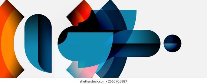 Abstract shapes overlap, creating vibrant color gradients. Composition feels modern, dynamic, visually interesting.