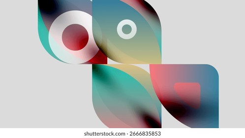 Formas abstratas se sobrepõem, criando misturas de cores vibrantes. Gradientes suaves sugerem profundidade, formam composição moderna. Design minimalista.
