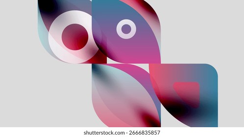 Abstract shapes overlap, creating vibrant color blends. Pink, blue, white forms suggest fluid motion, modern design. Minimalist aesthetic.