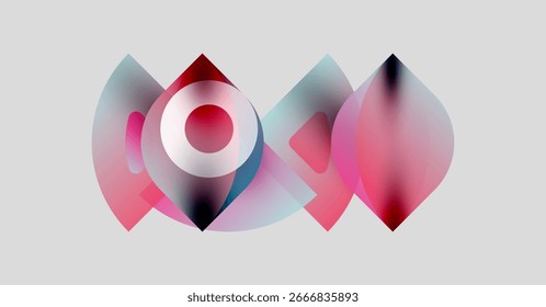 Abstract shapes overlap, creating vibrant pinks, blues, whites. Gradient colors blend smoothly, forming fluid design. Minimalist aesthetic.