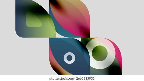 Las Formas Abstractas se superponen, creando mezclas de colores vibrantes. Los Gradientes suaves sugieren fluidez, Elementos de diseño modernos presentes.