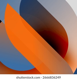 Abstract shapes overlap, creating vibrant color blends. Orange, blue, brown tones dominate composition. Smooth gradients define forms.
