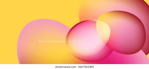 Abstract shapes overlap, creating vibrant yellow, pink gradients. Modern design feels dynamic, smooth, visually appealing.