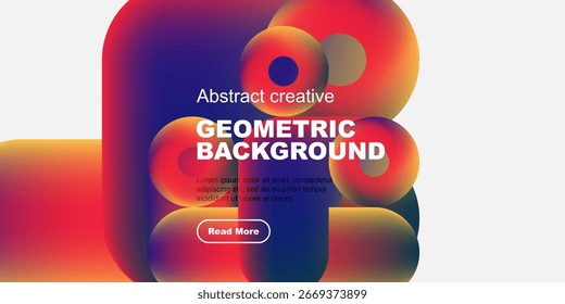Abstract shapes overlap, creating vibrant color gradients. Text promotes geometric background design, inviting further exploration.