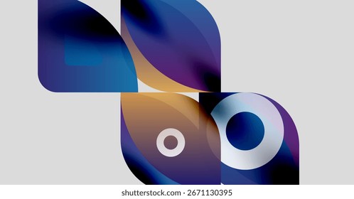 Las Formas Abstractas se superponen, creando Gradientes de colores vibrantes. Los tonos azules, púrpuras y naranjas dominan la composición. Elementos de diseño modernos presentes.