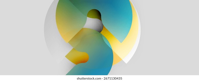 Abstract shapes overlap, creating vibrant color blends. Soft gradients suggest depth, form dynamic composition. Minimalist design.