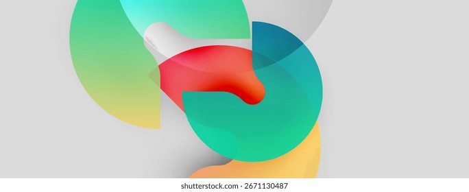 Abstract shapes overlap, creating vibrant color blends. Soft gradients suggest depth, form dynamic composition. Minimalist design.