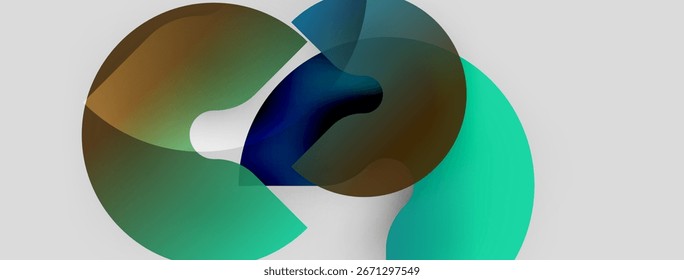 Las Formas Abstractas se superponen, creando mezclas de colores vibrantes. Los tonos azulados, marrones y azules dominan el fondo neutro. Los Gradientes lisos definen formas.