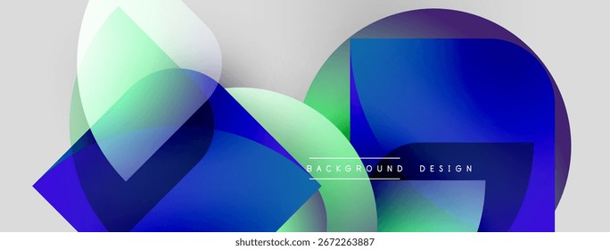Abstract shapes overlap, creating vibrant blue, green gradients. Modern design feels dynamic, clean, suitable backgrounds.