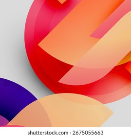 Abstract shapes overlap, creating vibrant color gradients. Red, orange, purple hues dominate composition. Minimalist design, modern aesthetic.