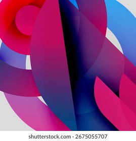 Abstract shapes overlap, creating vibrant color gradients. Pink, purple, blue dominate composition. Modern design elements present.