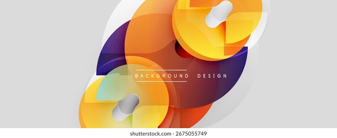 Las Formas Abstractas se superponen, creando vibrantes capas de color naranja, púrpura y amarillo. Diseño moderno con Gradientes lisos, sombras claras. Estética minimalista.