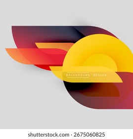 Las Formas Abstractas se superponen, creando Gradientes de colores vibrantes. Los tonos amarillos, rojos y púrpuras dominan el fondo neutro. Elemento de diseño moderno.