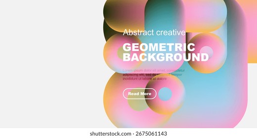 Abstract shapes overlap, creating vibrant color gradients. Text promotes geometric background design, includes read more button.