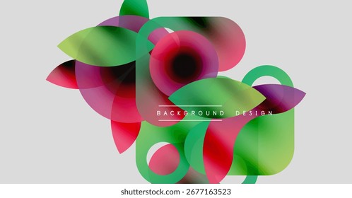 Formas abstratas se sobrepõem, criando misturas de cores vibrantes. Elementos de design modernos sugerem experiência visual dinâmica. O plano de fundo apresenta gradientes suaves.