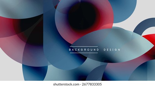 Abstract shapes overlap, creating vibrant color gradients. Modern design with blue, red, white hues. Minimalist aesthetic.