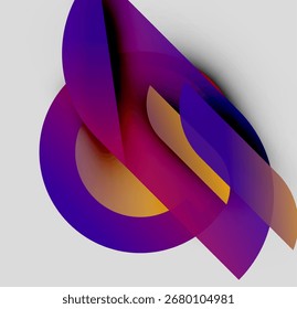 Formas abstratas se sobrepõem, criando vibrantes gradientes roxos e dourados. Design moderno, transições suaves, estética minimalista.