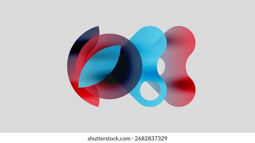 Abstract shapes overlap, creating vibrant color blends. Blue, red hues dominate neutral background. Modern design element.