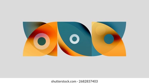Formas abstratas se sobrepõem, criando misturas de cores vibrantes. Laranja, tons de azul-petróleo dominam a composição. Design minimalista, estética moderna.