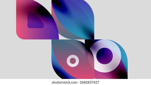 Abstract shapes overlap, creating vibrant color blends. Pink, blue, purple hues dominate composition. Modern design, fluid forms present.