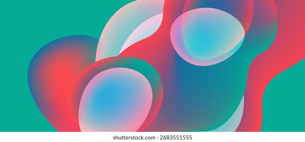 Las Formas Abstractas se superponen, creando Gradientes de colores vibrantes. Los tonos turquesa, rojo y azul se mezclan a la perfección. Diseño moderno, las formas fluidas dominan la composición.