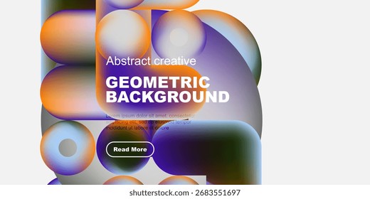 Abstract shapes overlap, creating vibrant colorful background. Text promotes geometric design with call to action button.