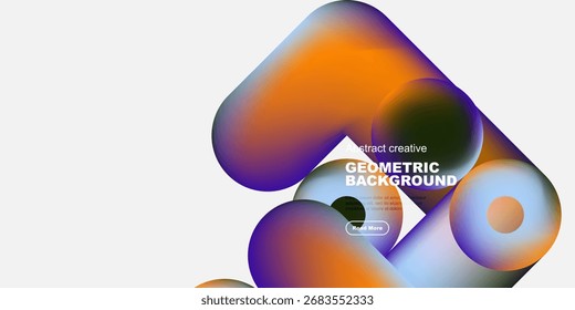 Abstract shapes overlap, creating vibrant color gradients. Modern design with text elements on dark background. Minimalist aesthetic.