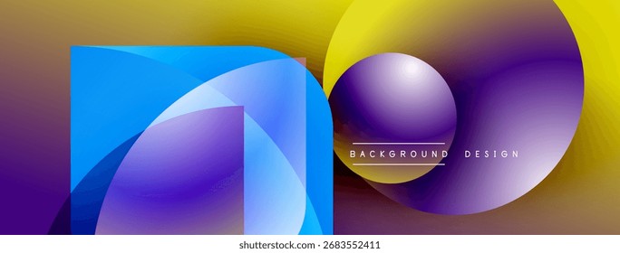 Abstract shapes overlap, creating vibrant color gradients. Yellow, blue, purple hues dominate design. Modern aesthetic.