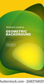 Abstract shapes overlap, creating vibrant yellow, green gradients. Text promotes creative geometric background design. Simple button included.
