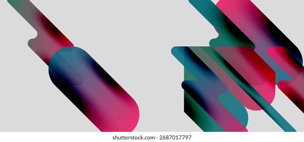 Abstract shapes overlap, creating vibrant color blends. Pink, teal hues dominate neutral background. Modern design elements present.