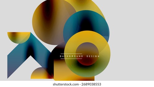 Formas abstratas se sobrepõem, criando gradientes de cores vibrantes. Elementos de design modernos sugerem fluxo dinâmico, transições suaves. Estética minimalista.