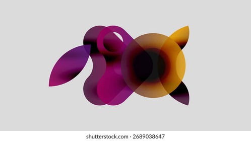 Las Formas Abstractas se superponen, creando mezclas de colores vibrantes. Los tonos púrpura y naranja dominan el fondo neutro. Elemento de diseño moderno.