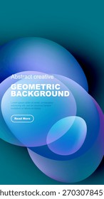 Las Formas Abstractas se superponen, creando Gradientes azules vibrantes. El texto promueve el diseño geométrico del fondo, invitando a una mayor exploración.