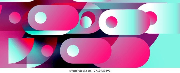 Abstract shapes overlap, creating vibrant pinks, blues, turquoise hues. Modern design, dynamic composition, smooth gradients present.