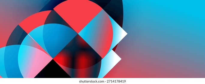 Formas abstratas se sobrepõem, criando tons vermelhos e azuis vibrantes. Fundo de gradiente sugere profundidade, design estético moderno.